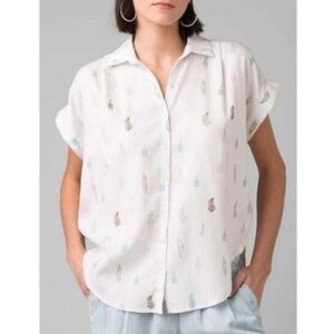 PrAna white rock and snow annex green leaf print short sleeve button down medium
